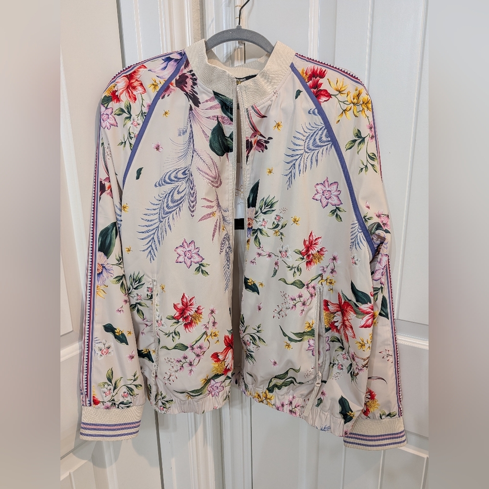 Johnny Was Floral Bomber Jacket in Cream with Pink, Red, Yellow & Green Accents